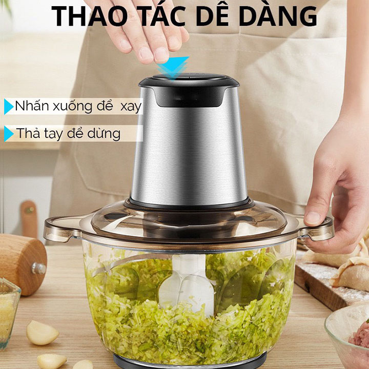 Máy xay  thịt cầm tay cối thủy tinh 2l- Nhấn nút xay- Động cơ xay nhanh, mạnh- Công suất 300W- Tặng kèm 1 dụng cụ bào sợi rau củ (giao màu ngẫu nhiên)