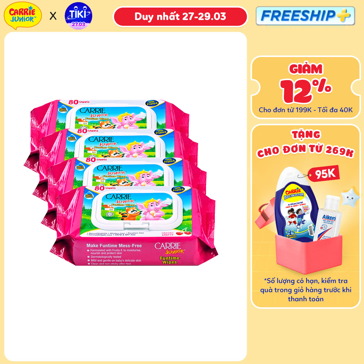 Combo 4 Gói Khăn Giấy Ướt Carrie Junior Funtime Cheeky Cherry 80 tờ/ gói