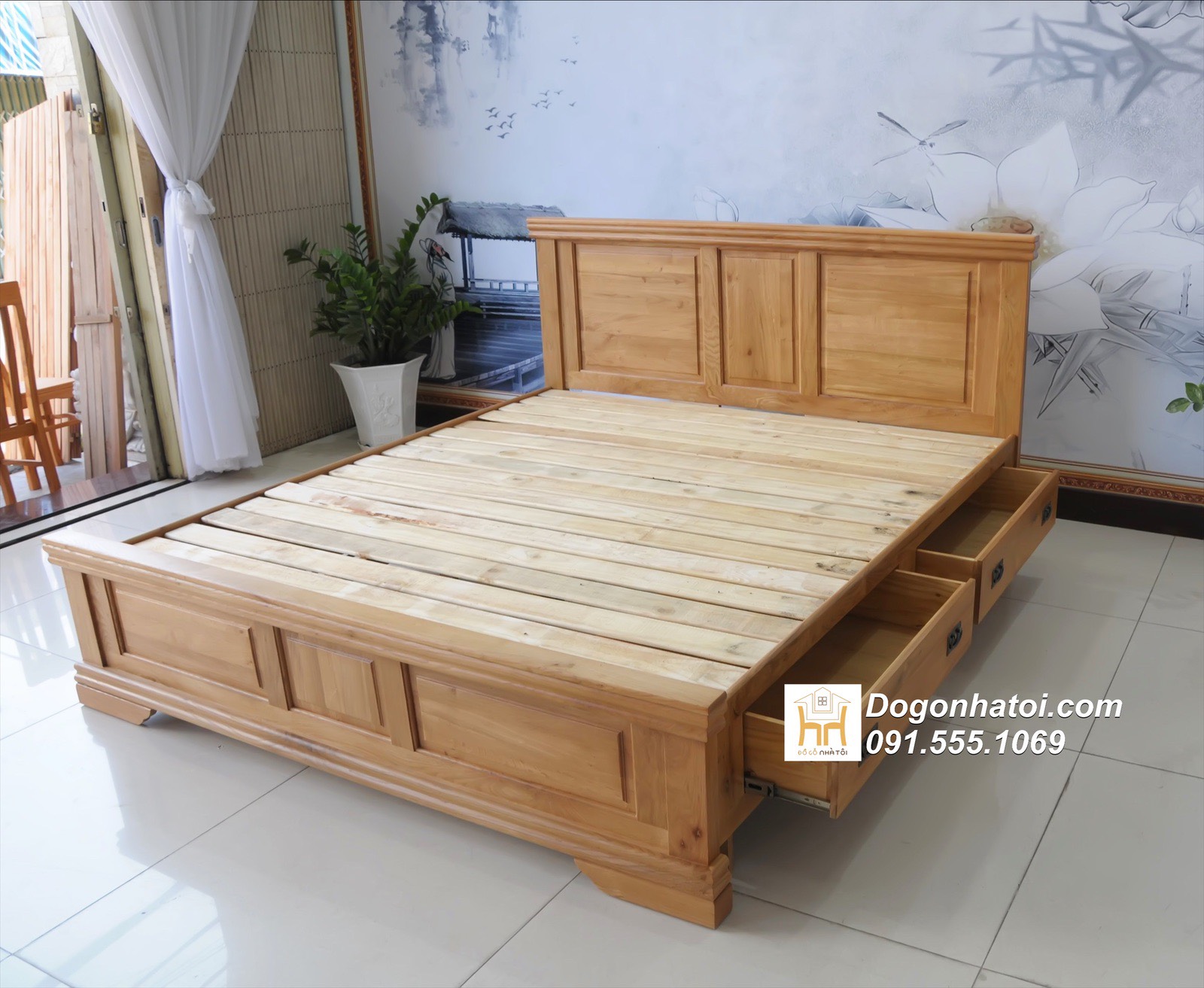 Giường Gỗ Sồi Mỹ Có Ngăn Kéo Hông Giá Rẻ - GN315