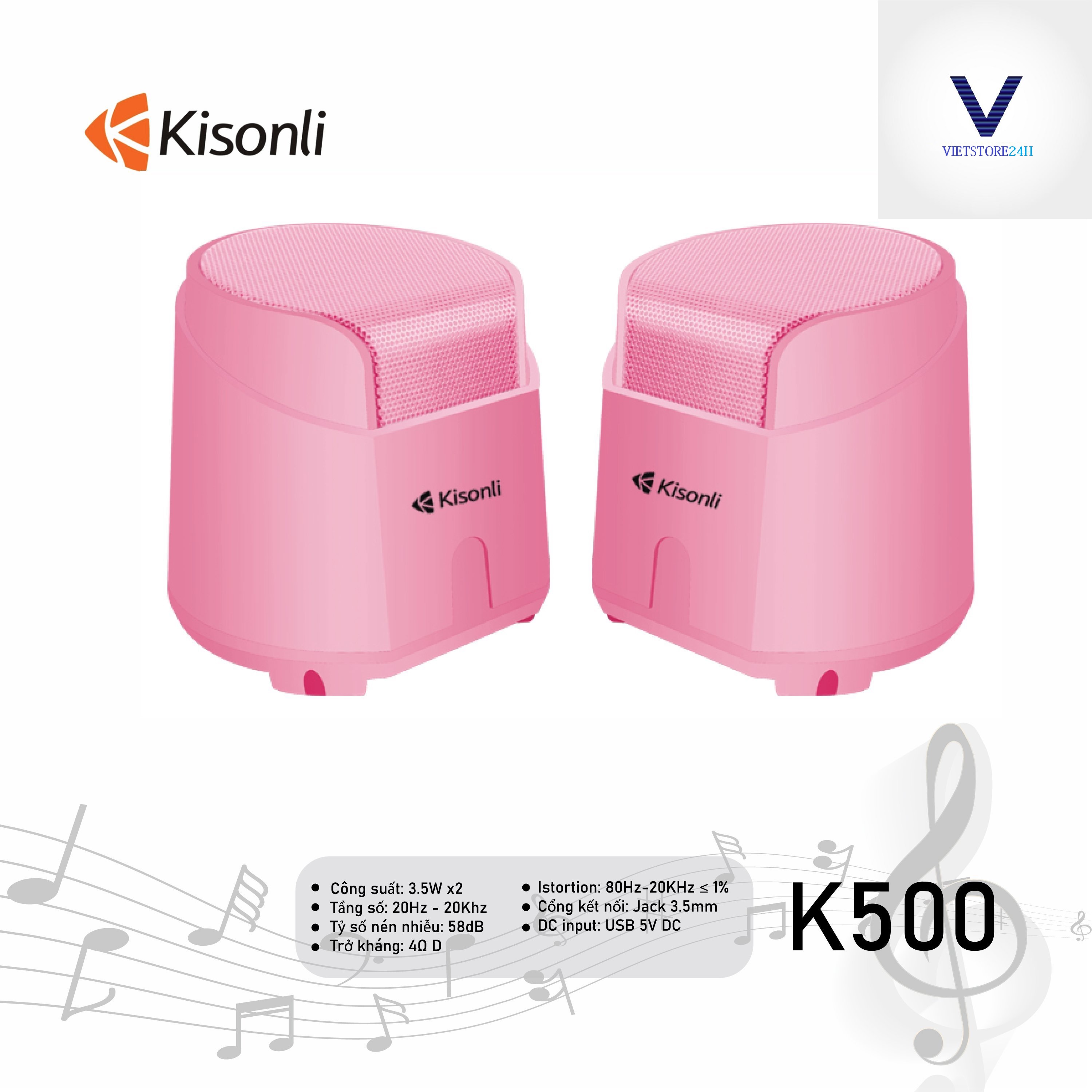 Loa 2.0 Kisonli K500 Pink LED - Hàng chính hãng