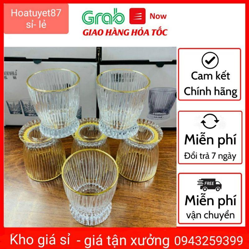 Set 6 Ly thủy tinh uống rượu Tây pha lê viền nhũ vàng cao cấp, cốc uống rượu whisky