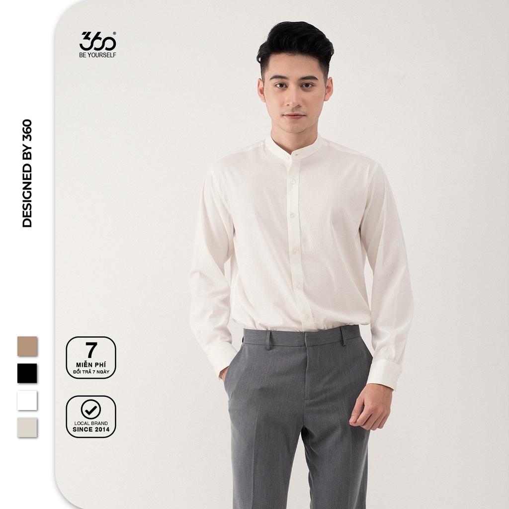 Áo sơ mi nam local brand 360 BOUTIQUE cổ tàu chất liệu đũi xước tổng hợp