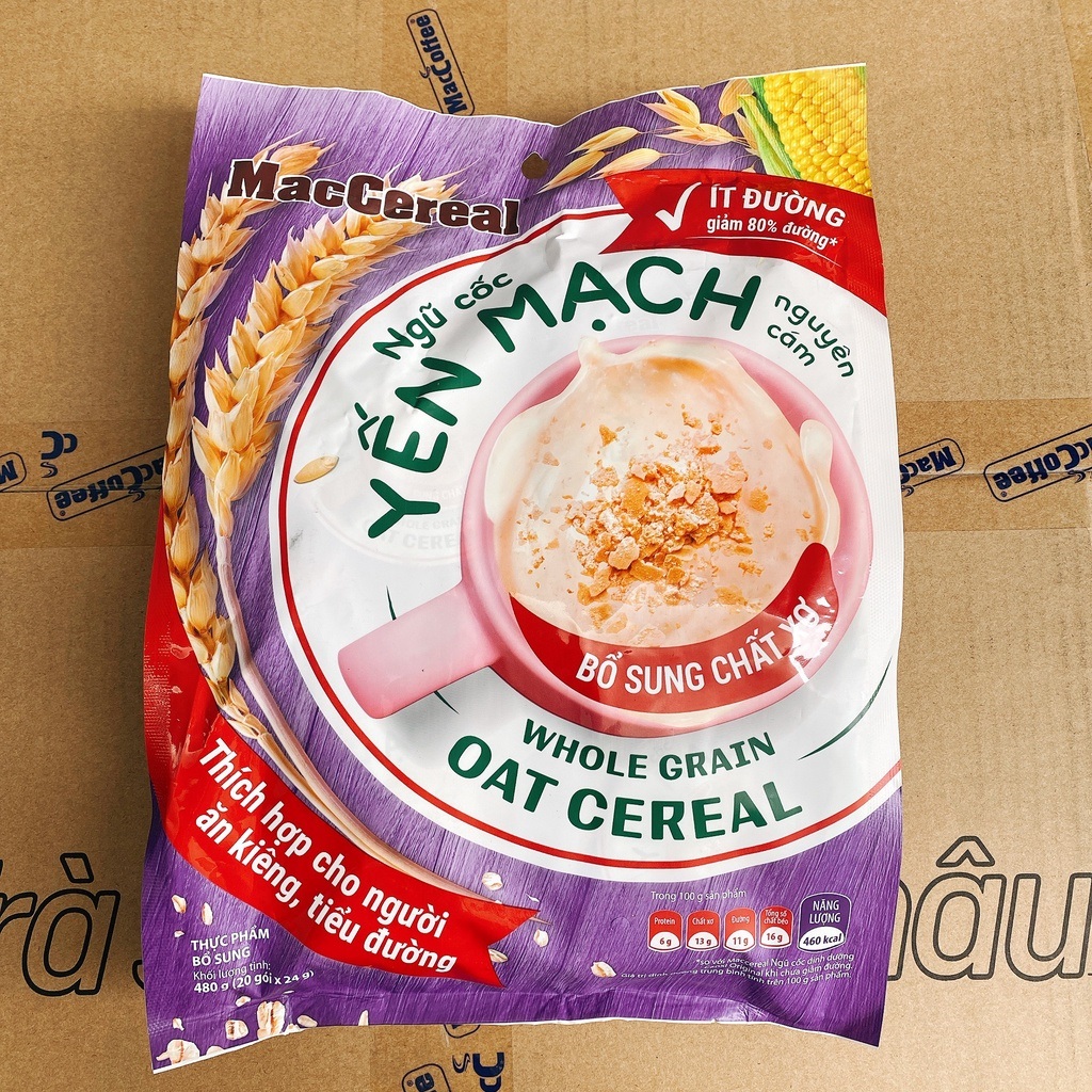 Ngũ cốc Yến Mạch Ít Đường MacCereal 480g (20 Gói x 24g) - 100% Tự Nhiên - Giảm Cân, Ăn Kiêng An Toàn và Khoa Học - Sản Phẩm Chính Hãng - Đã Được Kiếm Nghiệm và Công Bố