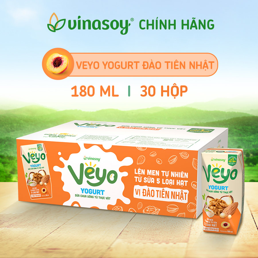 Thùng Sữa chua uống từ thực vật Veyo Yogurt ( 180ml x 30 Hộp) - Vị Đào Tiên Nhật