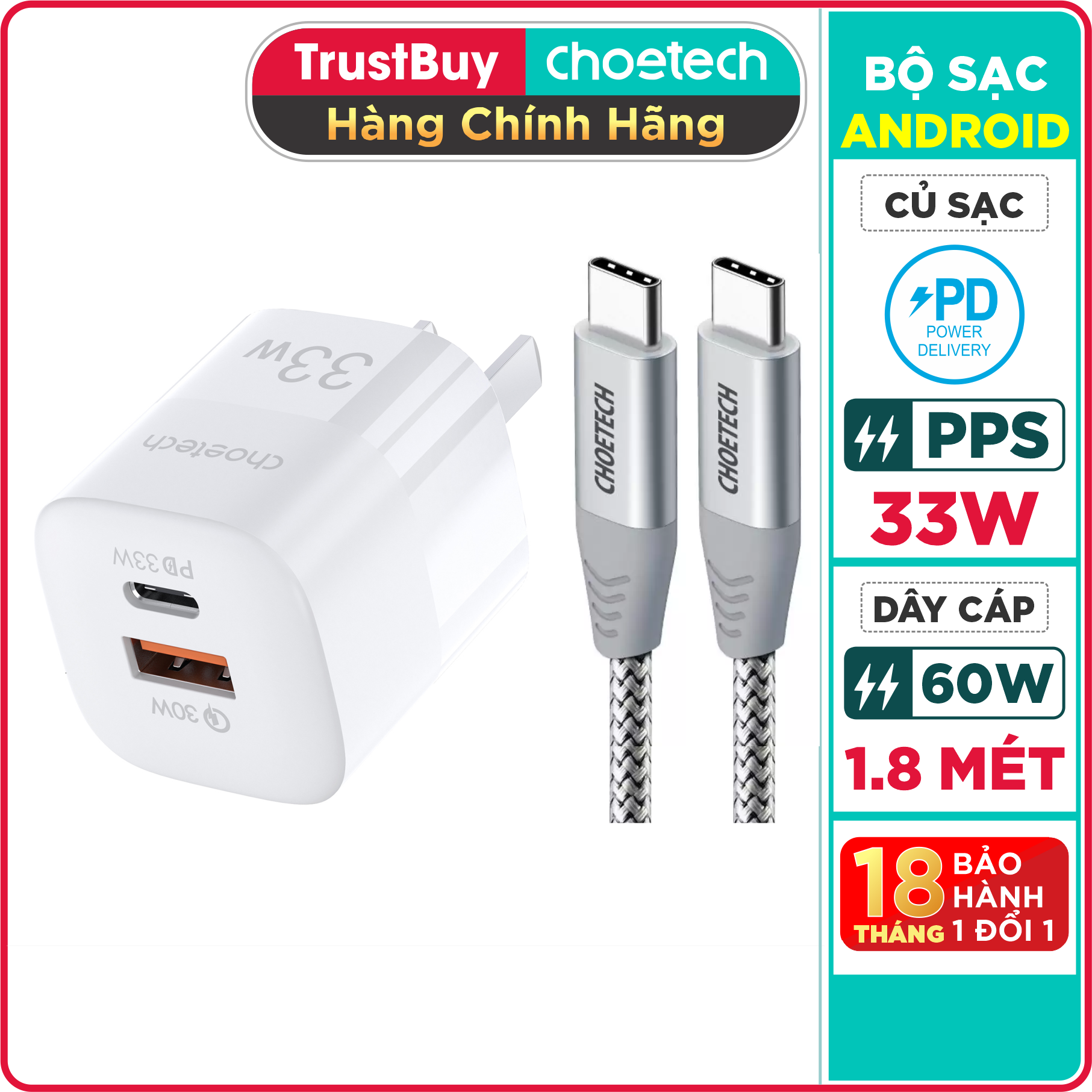 Adapter Củ Sạc 33W Pps Pd 30W Qc 3.0 1 Cổng Type C 1 Cổng Usb Nhỏ Gọn Choetech Pd5006 Sạc Nhanh Iphone, Ipad, Samsung - Hàng Chinh Hang - Pd5006 Cc0005 Cáp C To C 60W 1.8M