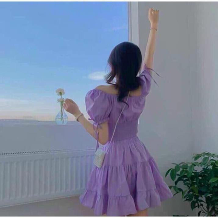 TSL-ảnh thật Sét Đồ Bộ Kiểu Nữ Áo Nhún Bèo &amp; Chân Váy Xếp Tầng màu tím hồng