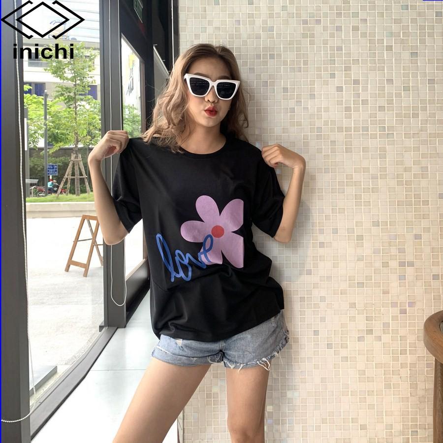 Áo thun unisex INICHI A578 tay lỡ form rộng hình in hình Love hoa 5 cánh