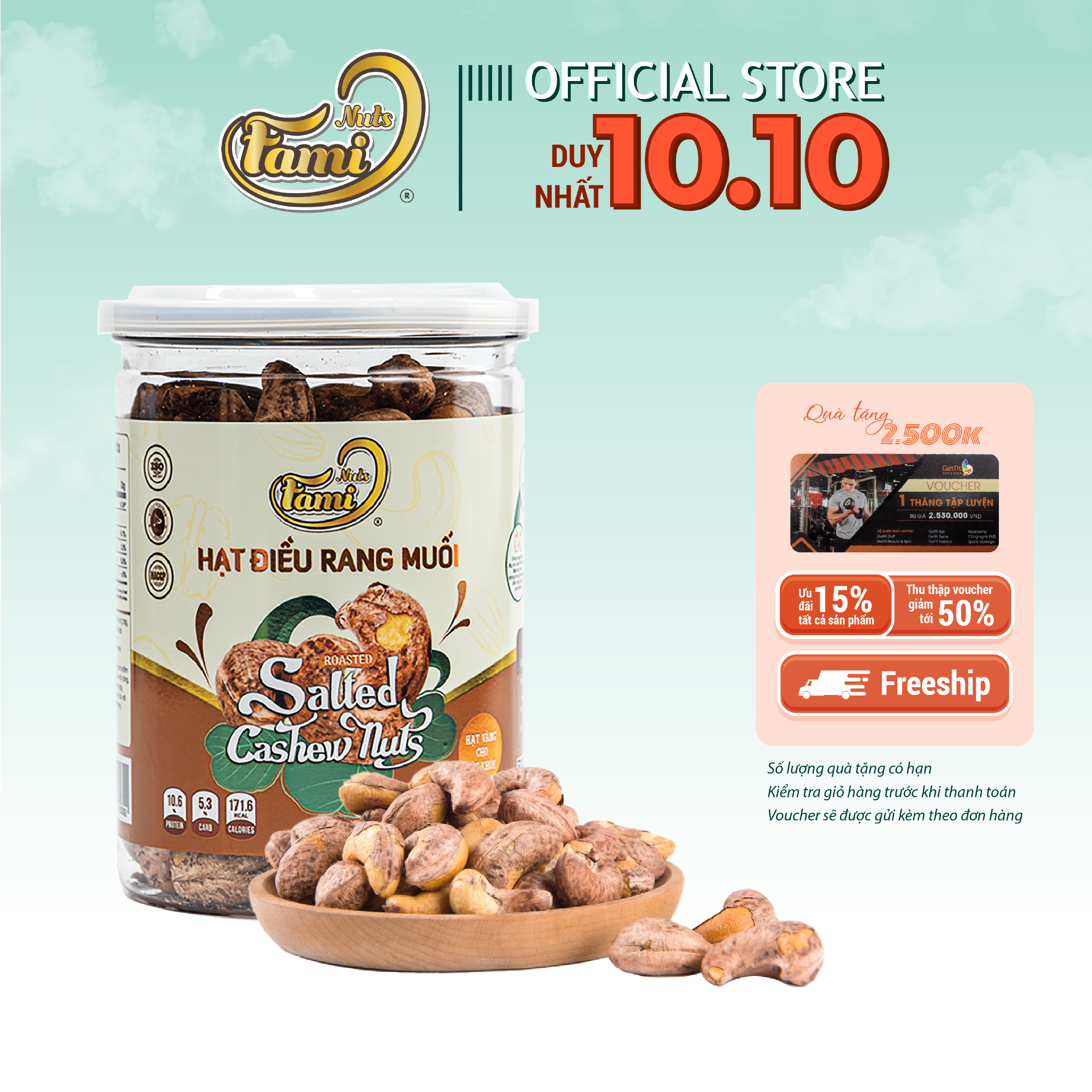 Hạt Điều Rang Muối Vỏ Lụa, Hạt Điều Rang Muối A Cồ, Hạt Điều Rang Muối Size A+ 400 Hạt/ 1 Kg - Hũ Nắp Nhôm 250g FAMINUTS