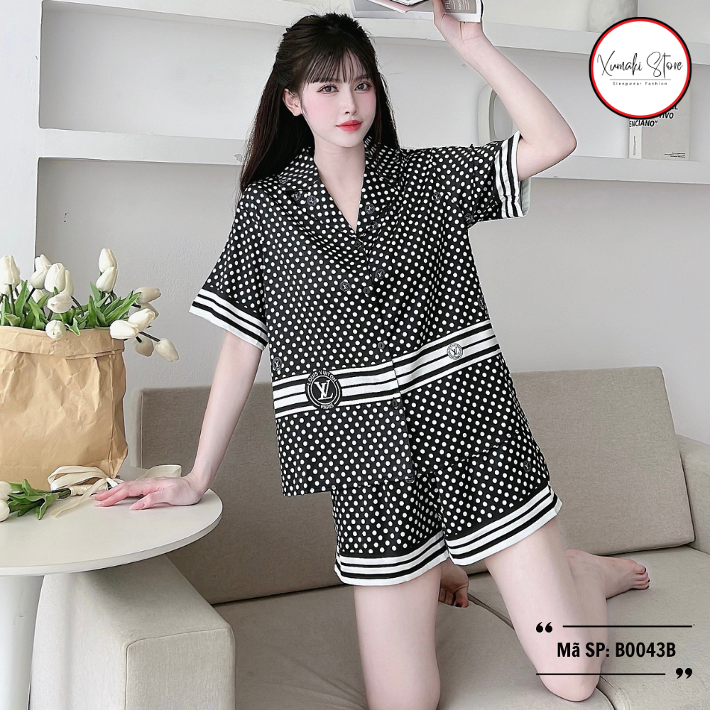 Bộ pijamas nữ áo cộc quần đùi họa tiết chấm bi chất lụa cao cấp Xumaki Store BO043B