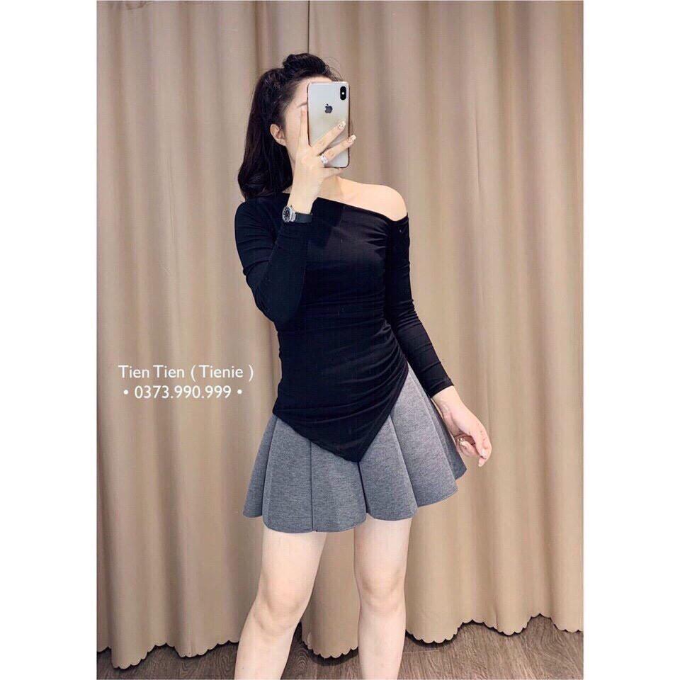 Áo thun lệch vai zúm eo vạt nhọn, Áo kiểu vạt nhọn dài tay vải conton co giãn AT1522 - NhiNhi Shop