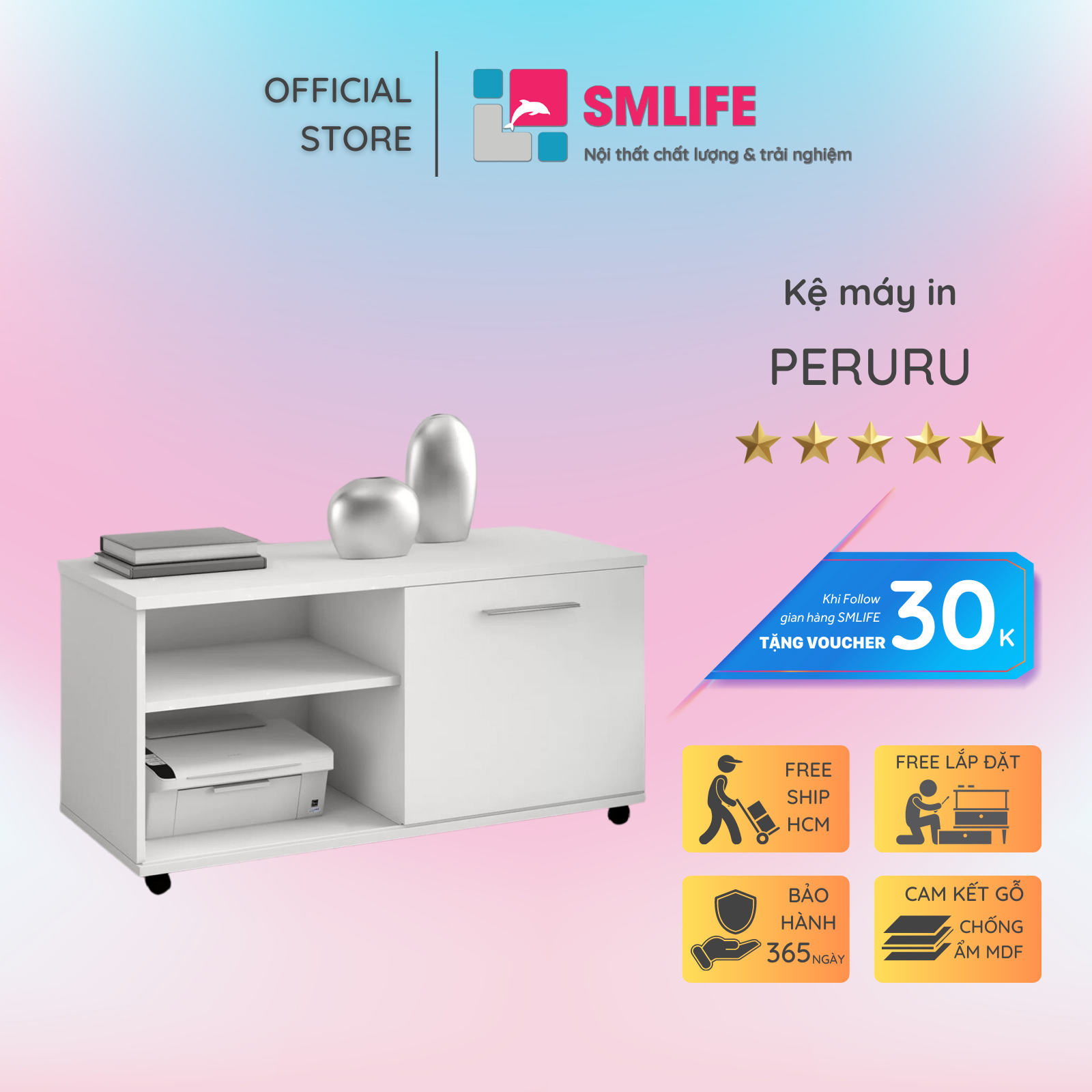 Kệ để máy in gỗ hiện đại SMLIFE Peruru | Gỗ MDF dày 17mm chống ẩm | D120xR50xC57cm