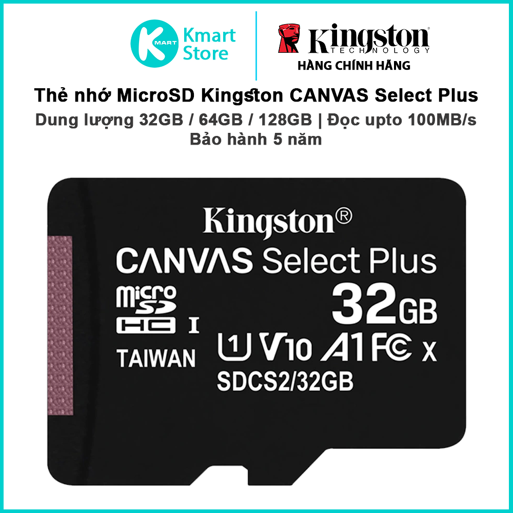 Thẻ nhớ microSDHC Kingston Canvas Select Plus Android A1 UHS-I Class 10 tốc độ tới 100MB/s SDCS2 - Hàng Chính Hãng