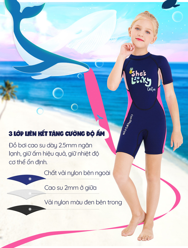 Đồ bơi bé gái, đồ bơi giữ nhiệt, chống nắng chống thấm nước cao su Neoprene độ dày 2.5mm bảo vệ tốt cho bé