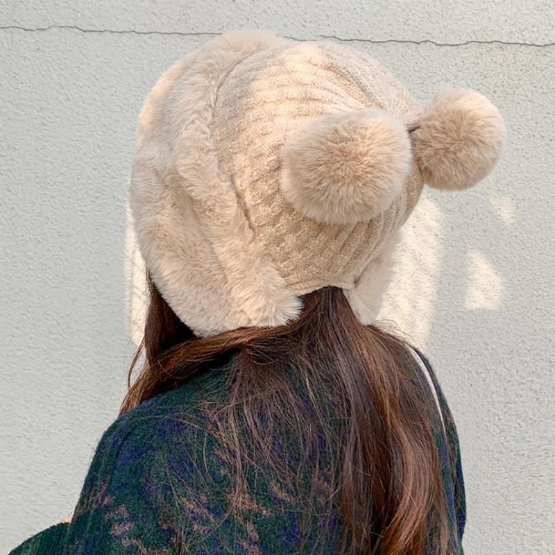 HT3374 Thu Đông Nón Nữ Mềm Mại Trang Lông Thú Nga Nón Nữ Dễ Thương Pompoms Tuyết Trượt Tuyết Bẫy Bắt Earflap Bộ Đội Nữ Dệt Kim nón Lưỡi Trai