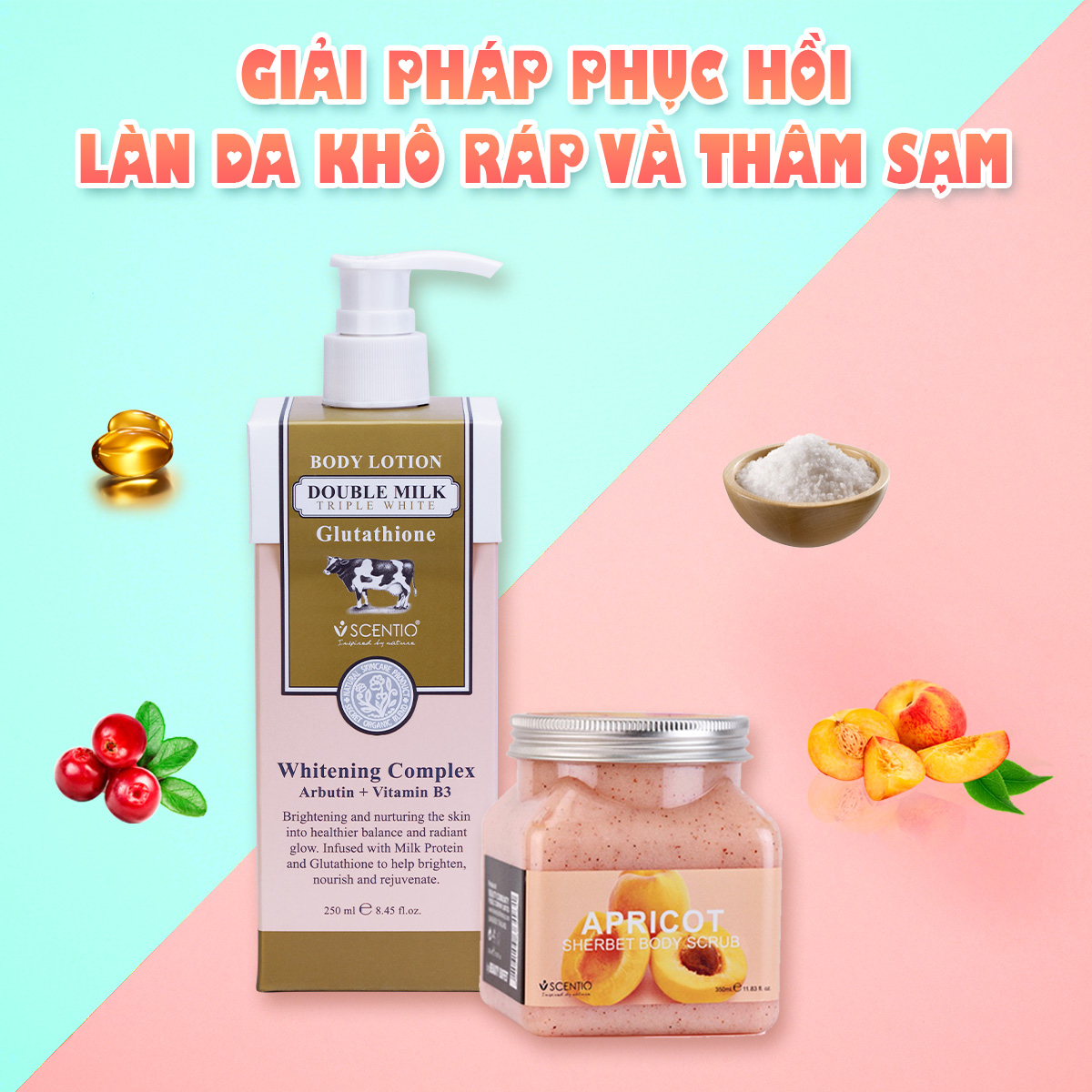 Combo Dưỡng Thể Trắng Da Double Milk Và Tẩy Tế Bào Chết Body Dưỡng Ẩm Hương Mơ Scentio Apricot 350ml