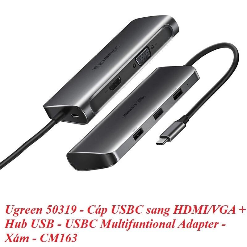 Ugreen UG50319CM163TK Bộ chuyển đổi TYPE C sang 3 USB 3.0 + HDMI + VGA + hỗ trợ nguồn TYPE C - HÀNG CHÍNH HÃNG