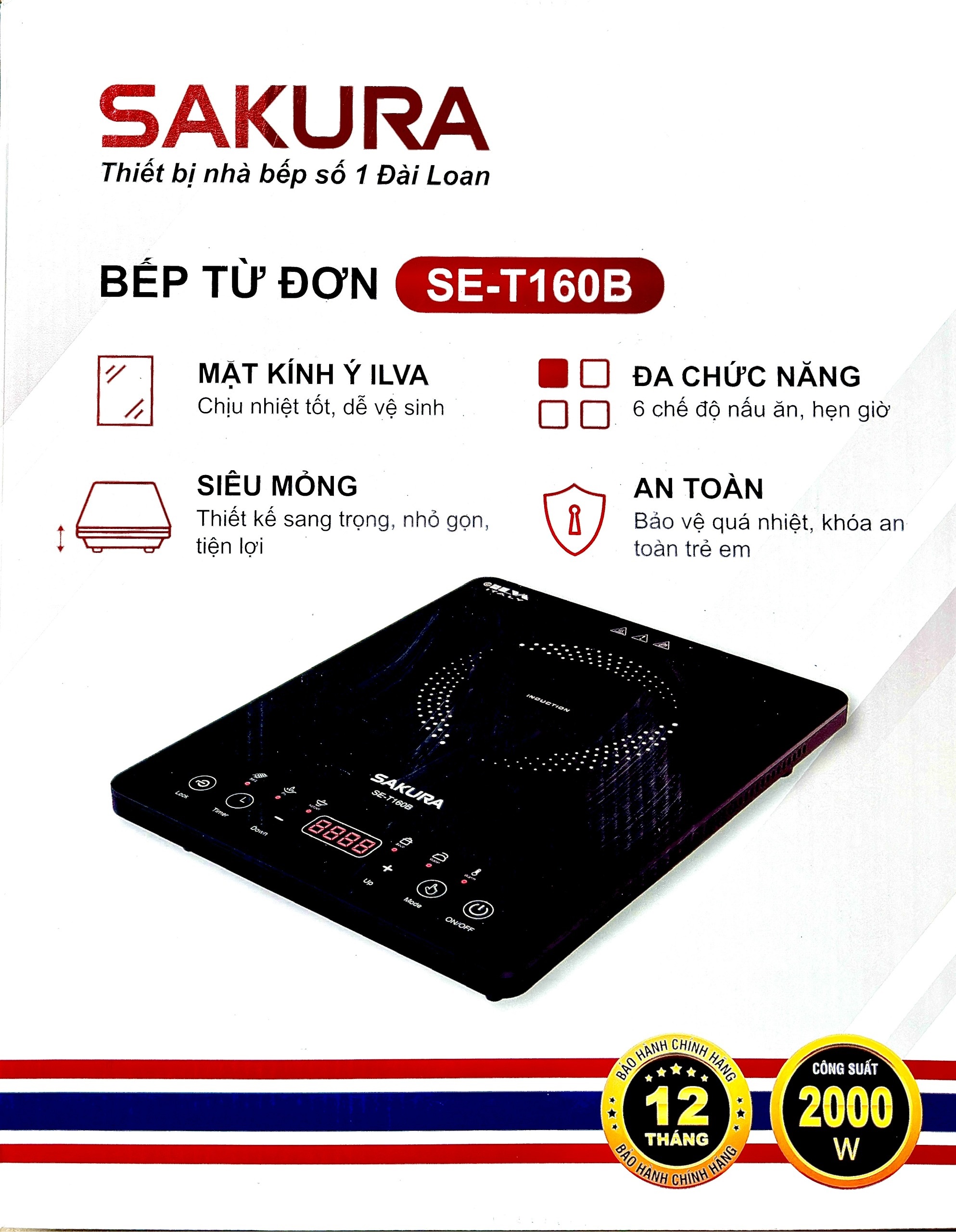Bếp từ đơn SAKURA T160B - Hàng chính hãng - Xuất xứ Thái Lan - Khoá an toàn - Mặt kính đen Italy ILVA sang trọng
