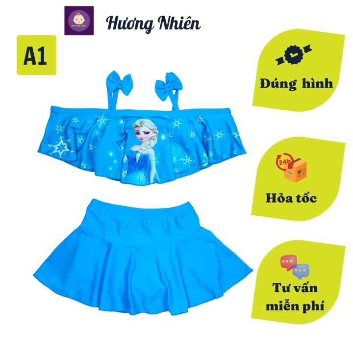 Đồ bơi hai mảnh cho bé gái hình Elsa từ 10-39kg - áo 2 dây có kết hoa quần giả váy tạo kín đáo