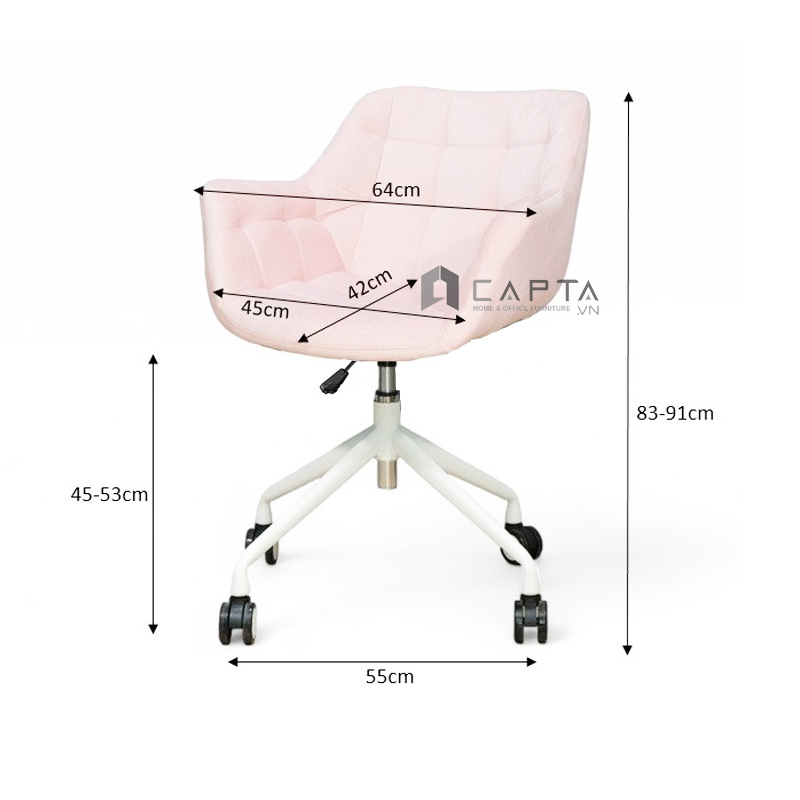 Ghế làm việc  màu xám có bánh xe CE1022-F Nội thất Capta Ghế nệm nhung có thể điều chỉnh độ cao, Office Chair