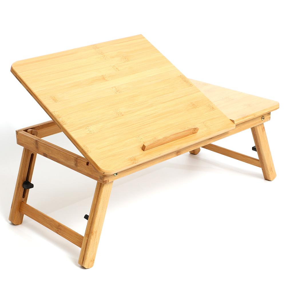 Foldable Bamboo Laptop Table 4-gear Adjustable Laptop Desk with Drawer Cup Slot for 13-15.6 inch Laptop