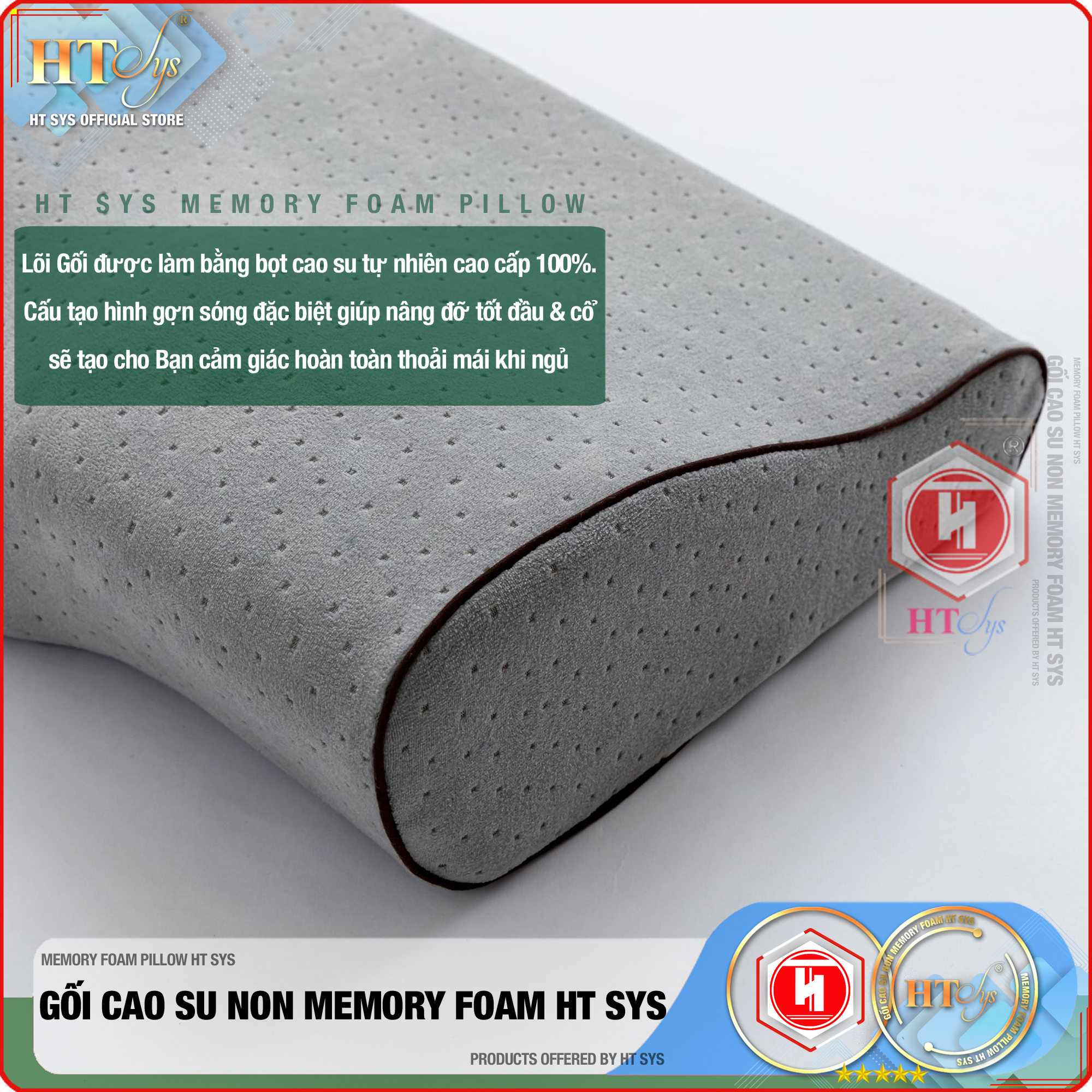 Gối Ngủ Cao Su Non Memory Foam Pillow HT SYS - Vạn Phúc - Gối Ngủ Trị Liệu - 50cmx30cm - Đem đến những giấc mơ tuyệt đẹp