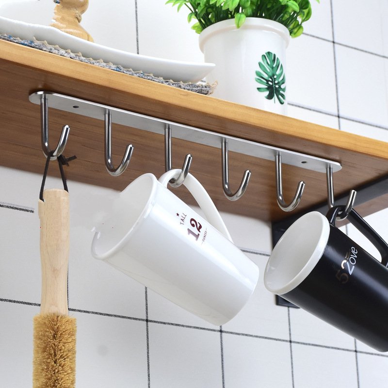 Khay 6 Móc treo dụng cụ dưới tủ bếp không cần khoan Nordic Germany Inox 304 - tặng kèm keo dán