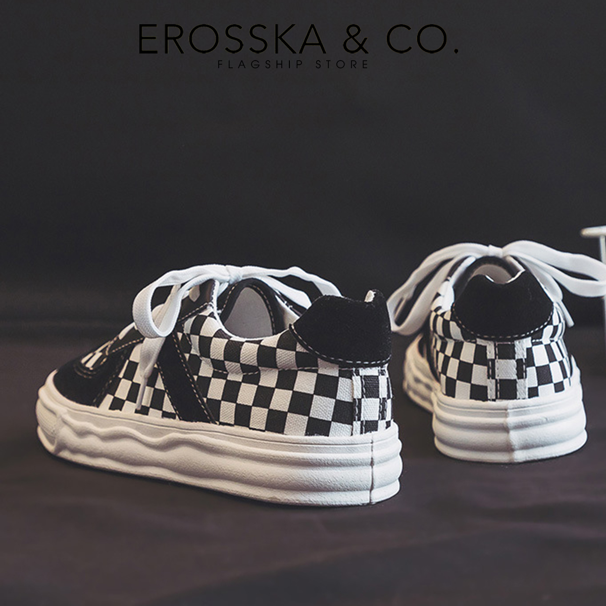 Erosska - Giày sneaker nữ đế dày mũi tròn hoạ tiết caro cá tính - GS019