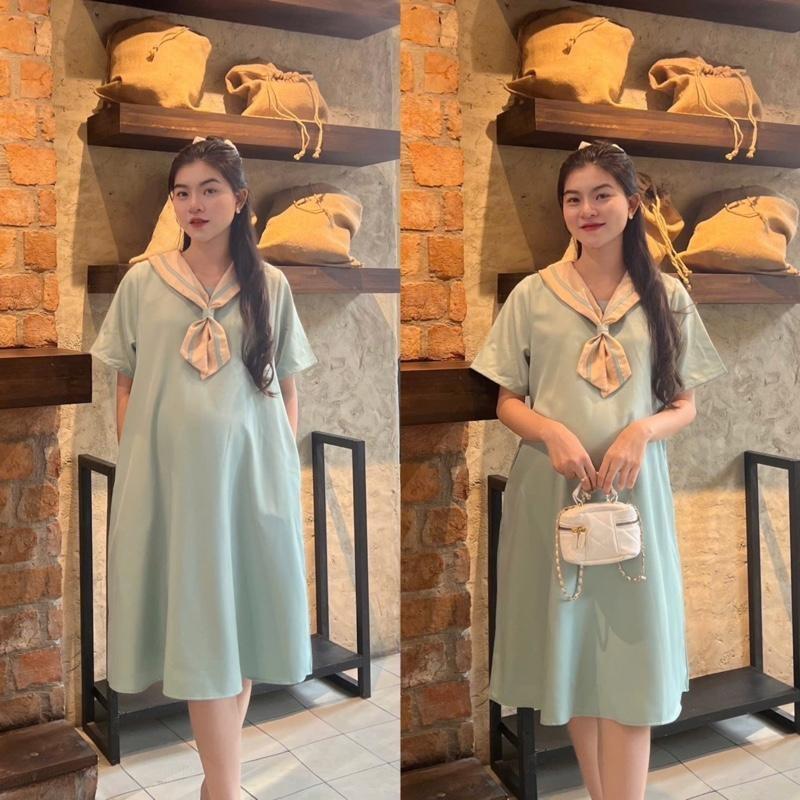 Đầm Bầu Công Sở Vải Trơn Chất Cotton Lạnh Phối Cổ Nơ Dáng Suông Thanh Lịch, Nhẹ Nhàng - Xanh đậu