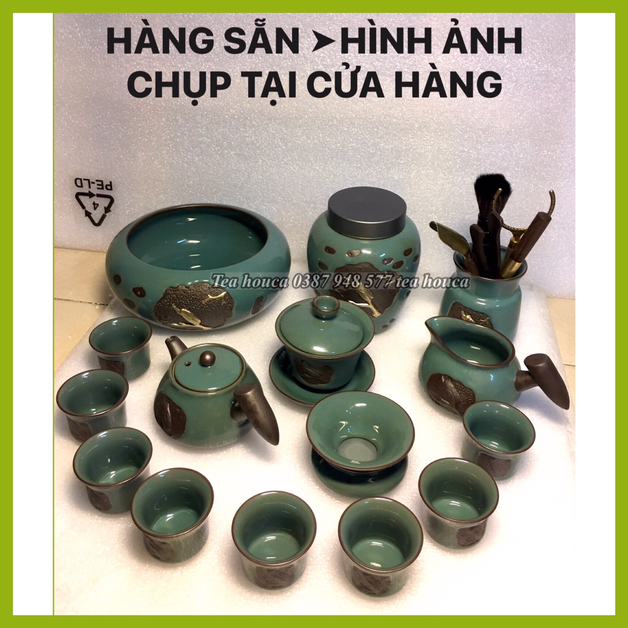 Trà Đạo Sứ Xanh , Bộ Ấm Chén Uống Trà Cao Cấp Màu Xanh Ngọc Men Rạn Hoạ Tiết Ve Sầu 20,19,18,12 ,13 Chi Tiết