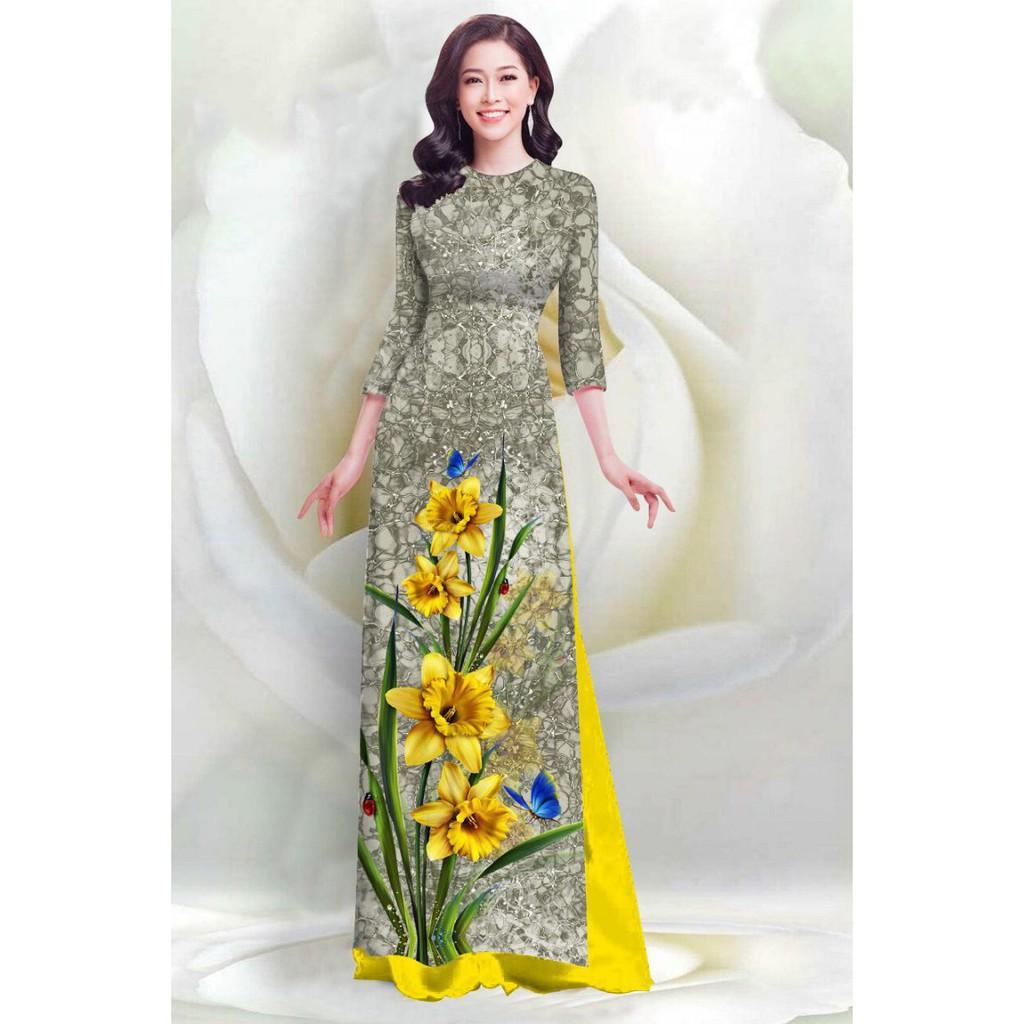 Áo Dài Họa Tiết Hoa Vàng In 4D - QA00106 ( Không kèm quần)