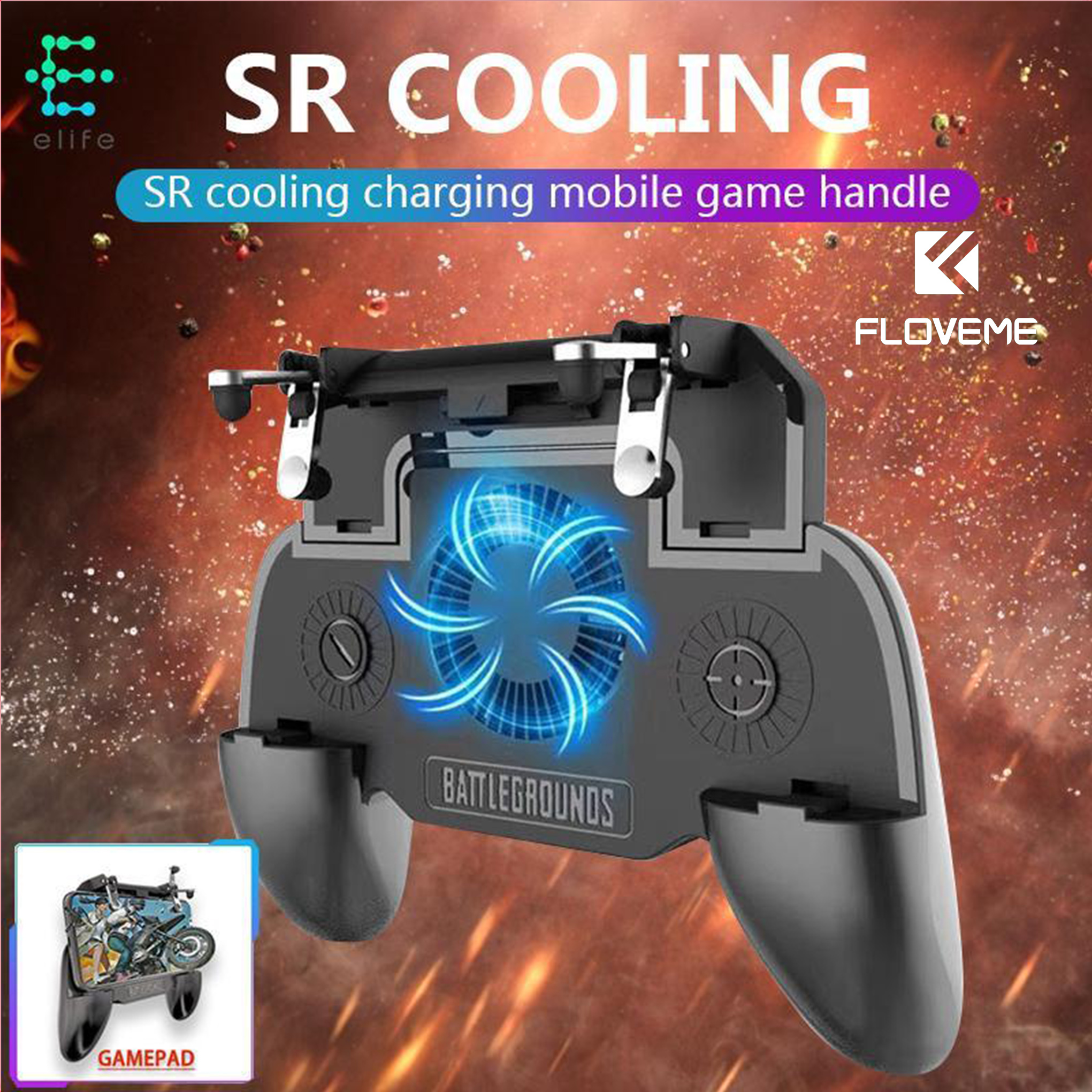 Tay Cầm Chơi Game Tích Hợp - Kèm Sạc Pin 2000Mah Floveme PUBG ROS FF nút bắn có quạt tản nhiệt SR3 - Hàng chính hãng