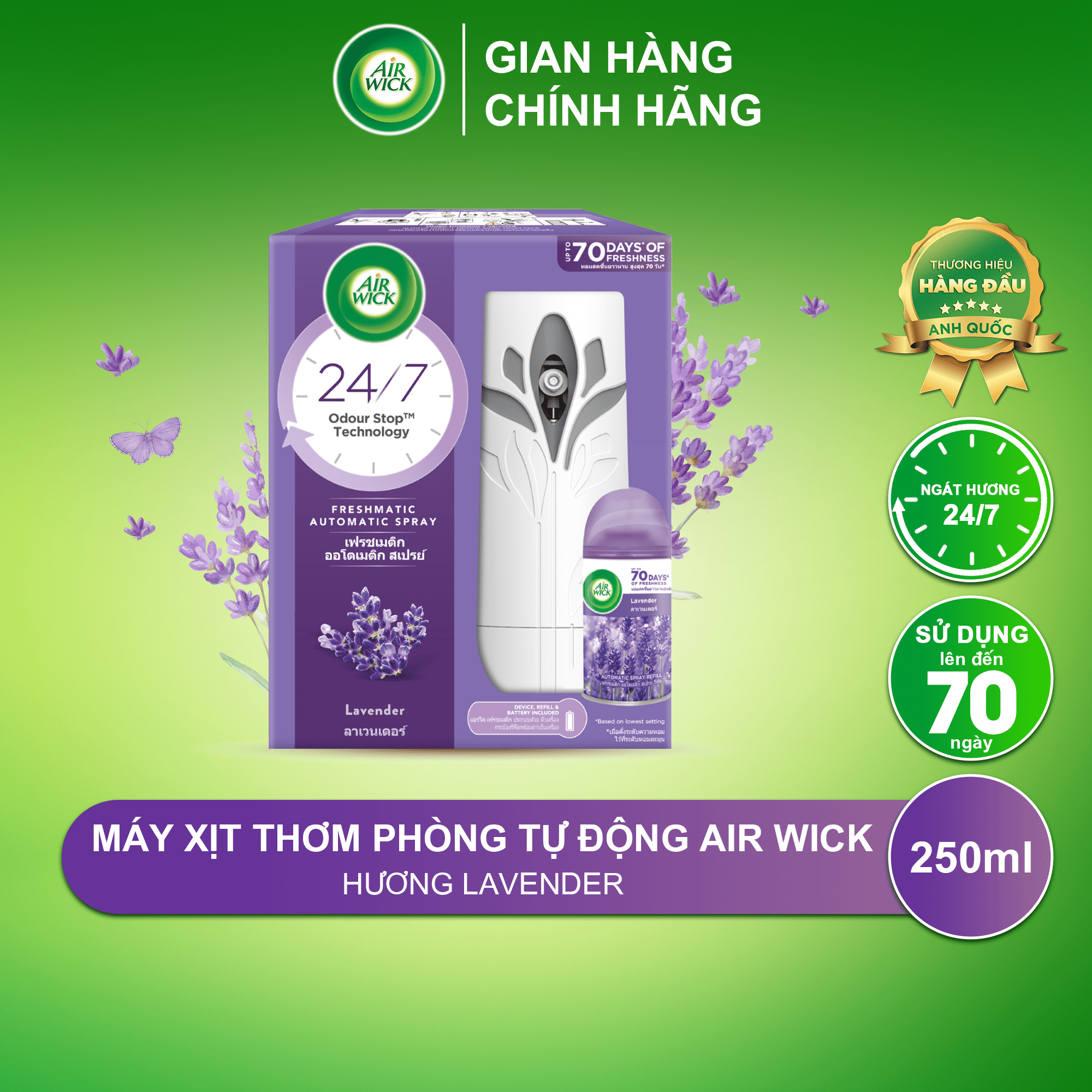 Máy xịt phòng tự động AIRWICK, Anh Quốc, 3 chế độ xịt tự động, ngát hương 24/7, thời gian sử dụng lên đến 70 ngày