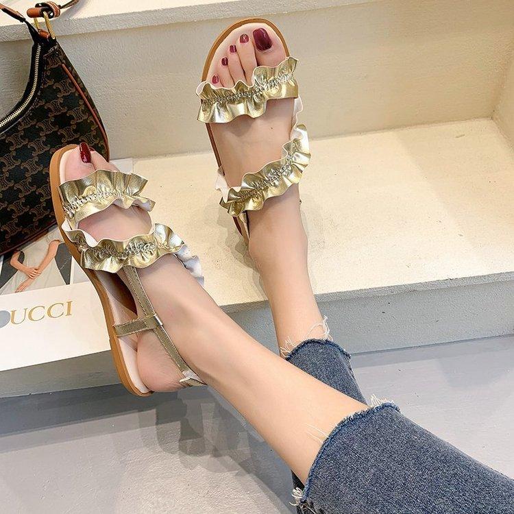 Fashion Round Head Solid Color Open Toe Low Heel Flat Sandals for Women
