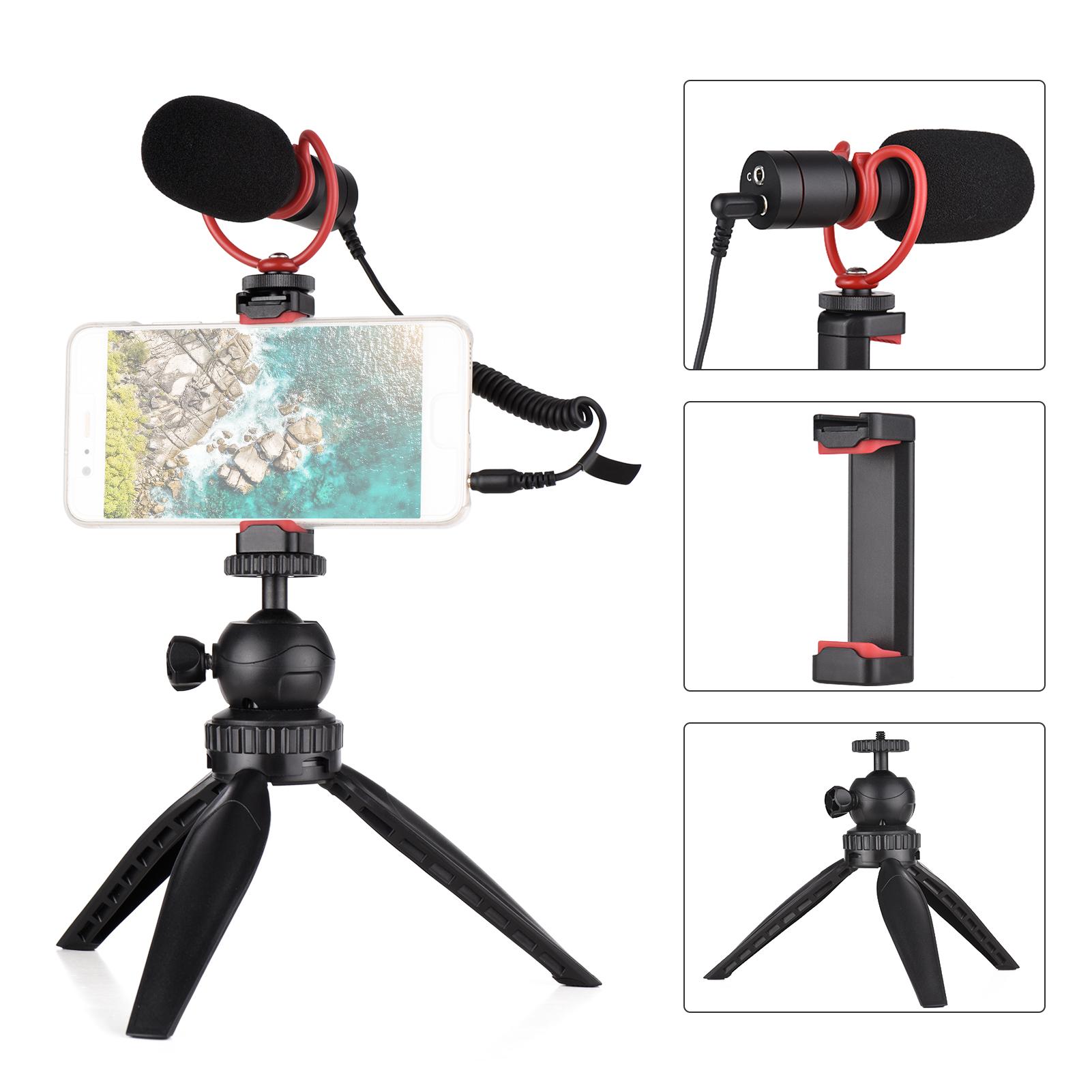 Smartphone Video Kit Phone Vlog Kit with Desktop Tripod+Phone Holder+Supercardioid Condenser Microphone with Shock Mount