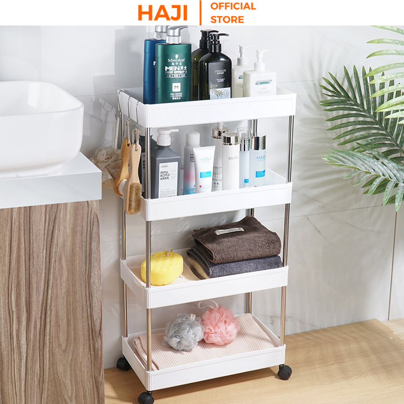 Kệ đựng đồ 4 tầng đa năng có bánh xe di chuyển dùng sắp xếp đồ vật gọn gàng HAJI NA17