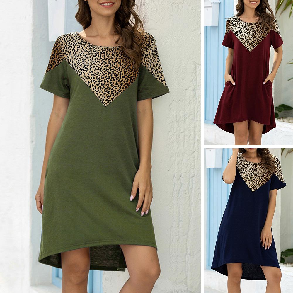 Women Leopard Print Dress Splicing Loose A-Line Short Sleeve O-Neck Mini Dress with Pockets Casual Summer Spring Holiday