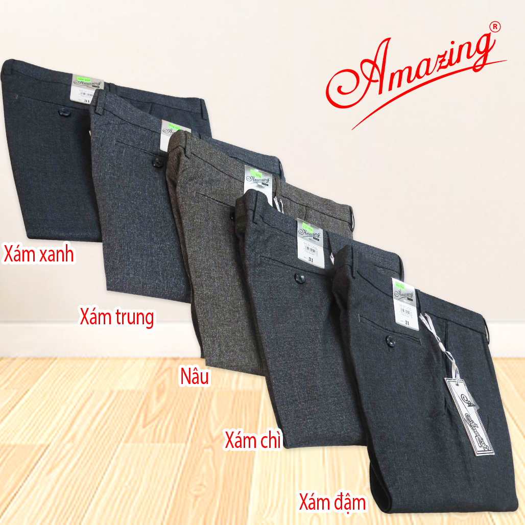 Quần tây Amazing, form công sở truyền thống, màu xám chì, không ly, có vân chìm, ống suông