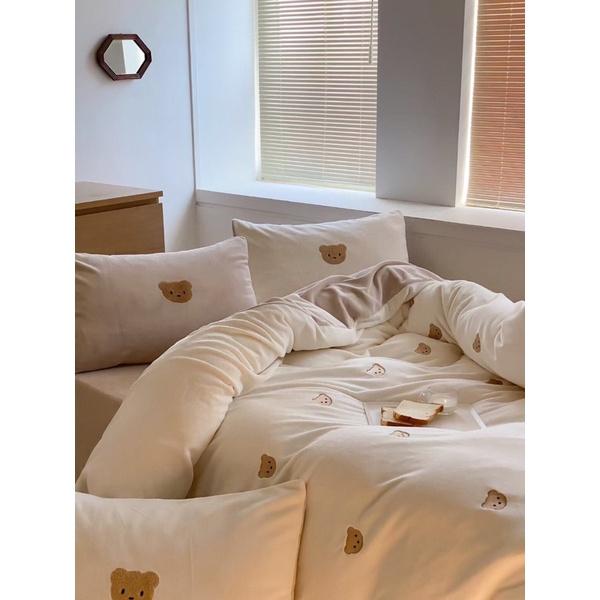 Bộ Chăn Ga Gối Nỉ Sữa Gấu Teddy Hàng Nhập Khẩu Cao Cấp 5 món