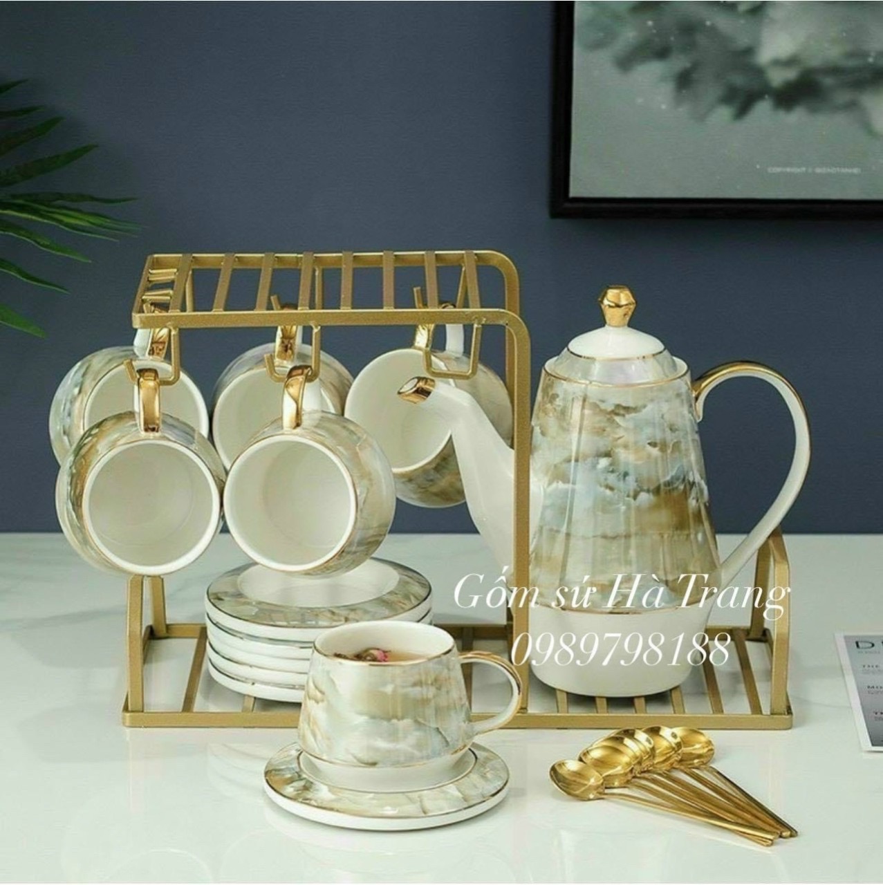 Bộ trà gốm sứ cao cấp men vân đá kèm giá treo y hình