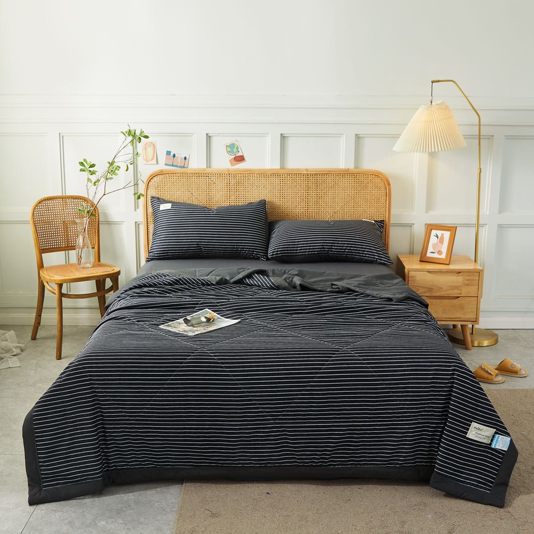 Bộ Chăn Chần Ga Giường Cotton Tici Kẻ Lidaco Cao Cấp Nhiều Mẫu Lựa Chọn - Ke Ngang Đen - 1M6X2M - Nệm Dưới 15Cm