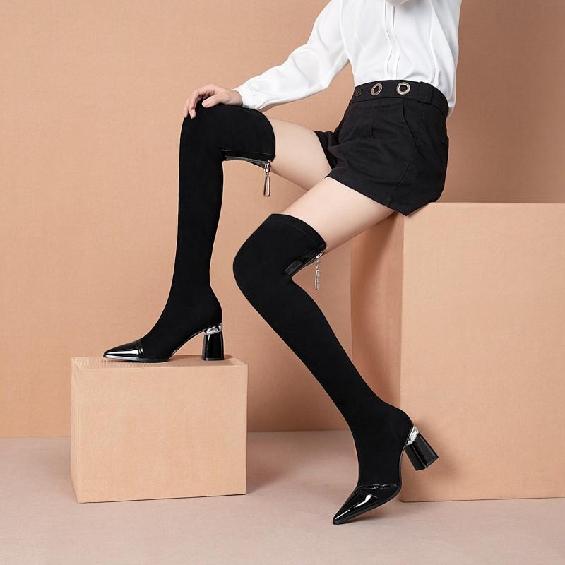 2021 Mới Bằng Sáng Chế Da Mũi Nhọn Over-The-Đầu Gối Stovepipe Giày Mùa Đông Ấm Áp Đùi Cao Cấp Giày Đàn Vuông gót Khóa Kéo Giày Nữ