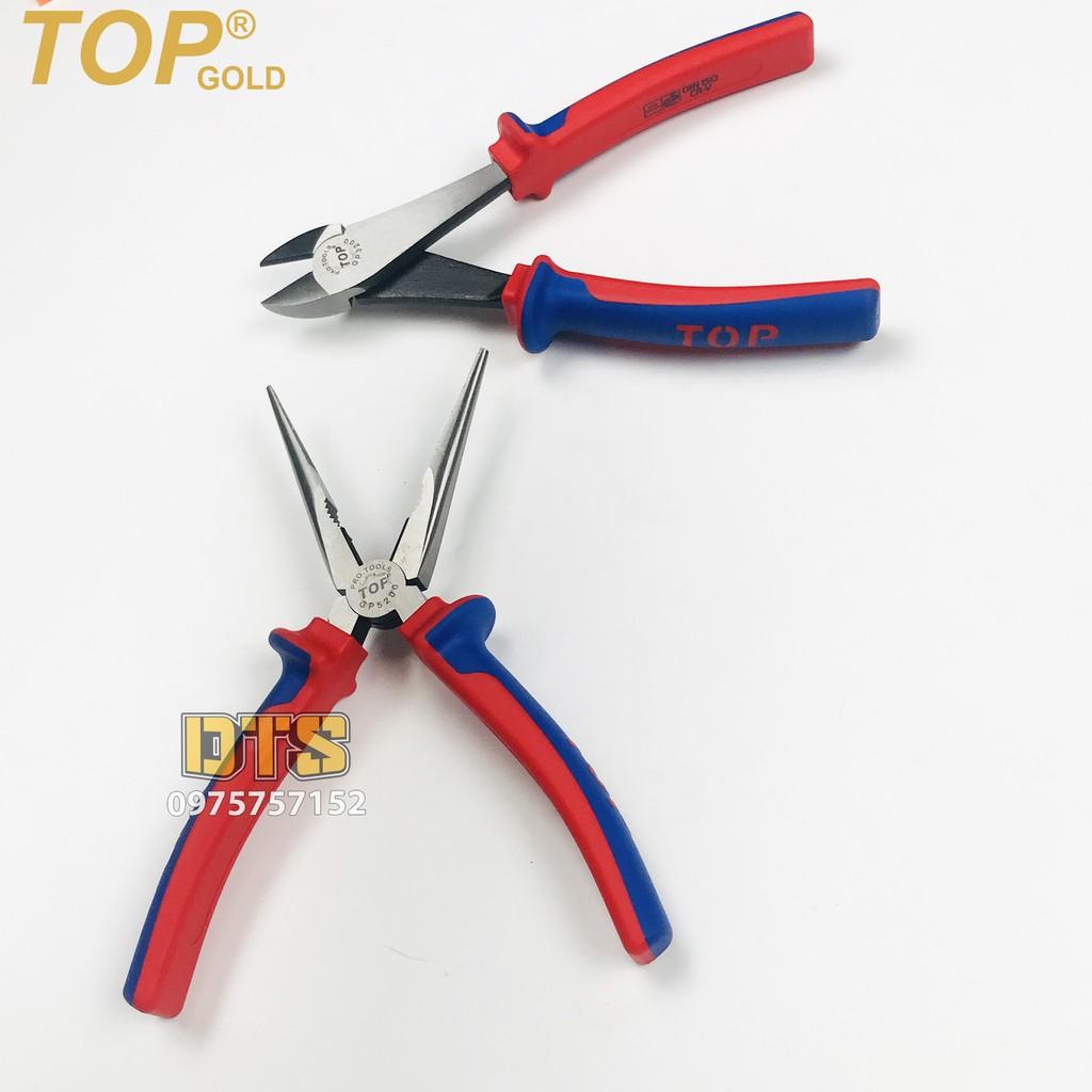 Bộ 2 kìm cắt - nhọn trợ lực chuyên nghiệp TOP GOLD 200mm, thép Hi-Cr cao cấp, thiết kế cộng lực tiết kiệm 50% lực bấm