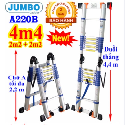 Thang Nhôm Rút Chữ A JUMBO A220B - Đai xanh, chữ A cao 2.2m, chữ I cao 4.4m, tải trọng 300kg  8 đế cao su chống trượt, có bánh xe kéo, khóa chốt cao cấp, bậc thang thiết kế chống trượt, thanh giằng giữa 2 bên thang - Luôn Có Phụ Kiện Thay Thế