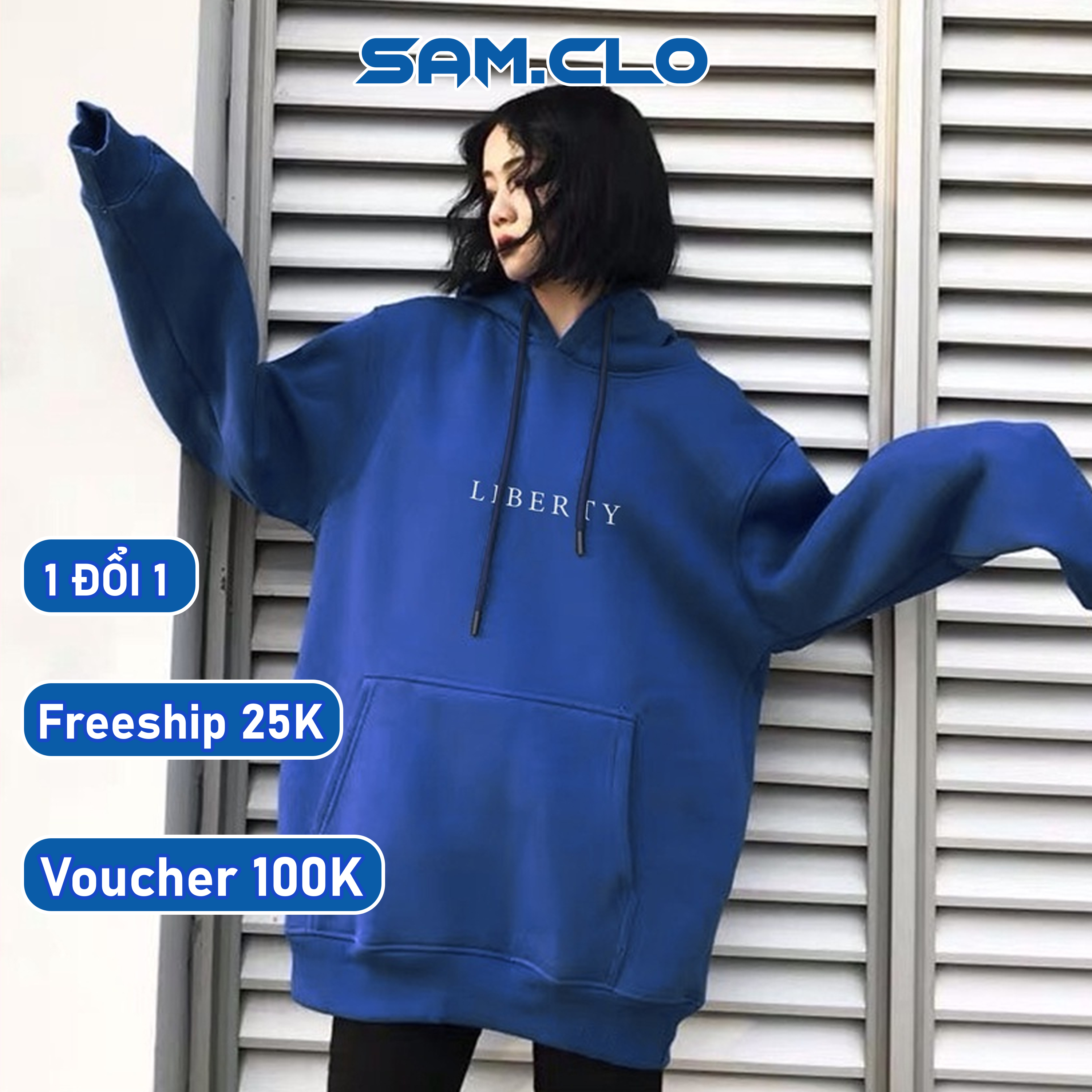 Áo khoác nỉ SAM CLO nam nữ hoodie chui có mũ tay dài thu đông freesize dáng unisex in chữ TRẮNG LIBERTY