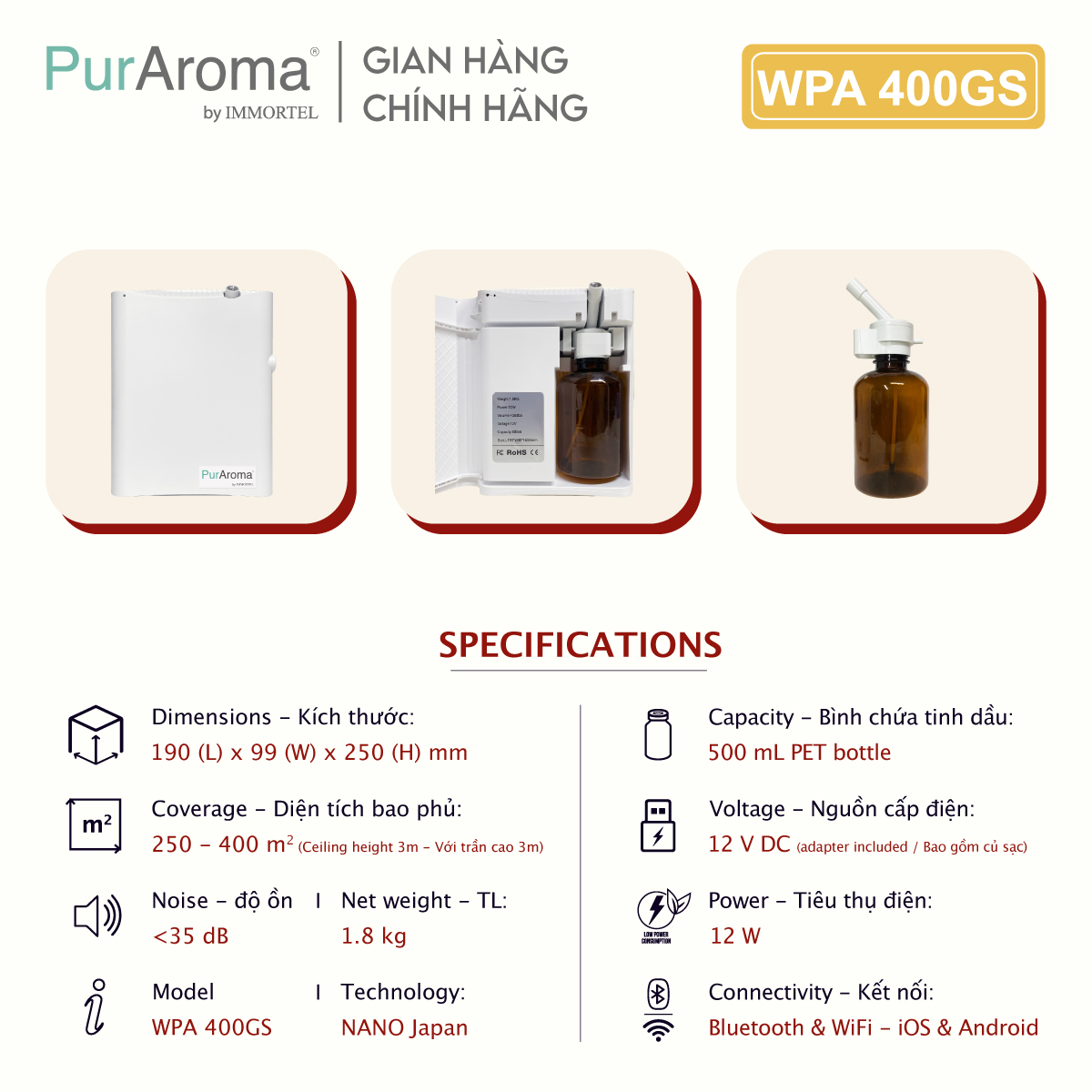 Máy Khuếch Tán Tinh Dầu PurAroma - WPA 400GS - Công Nghệ Khuếch Tán Siêu Âm Nhật Bản