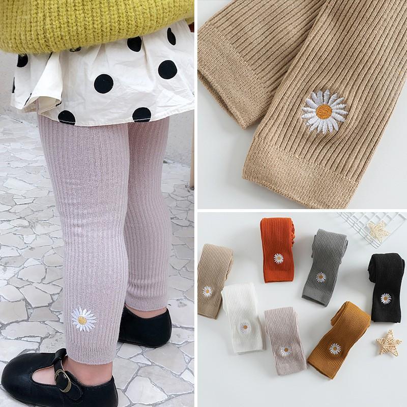 Quần len tăm co dãn tốt thêu hoa cúc xinh cho con, quần legging hoa cúc