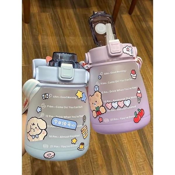 Bình đựng nước có ống hút, Bình nước nhắc giờ siêu cute 1200ml siêu xinh