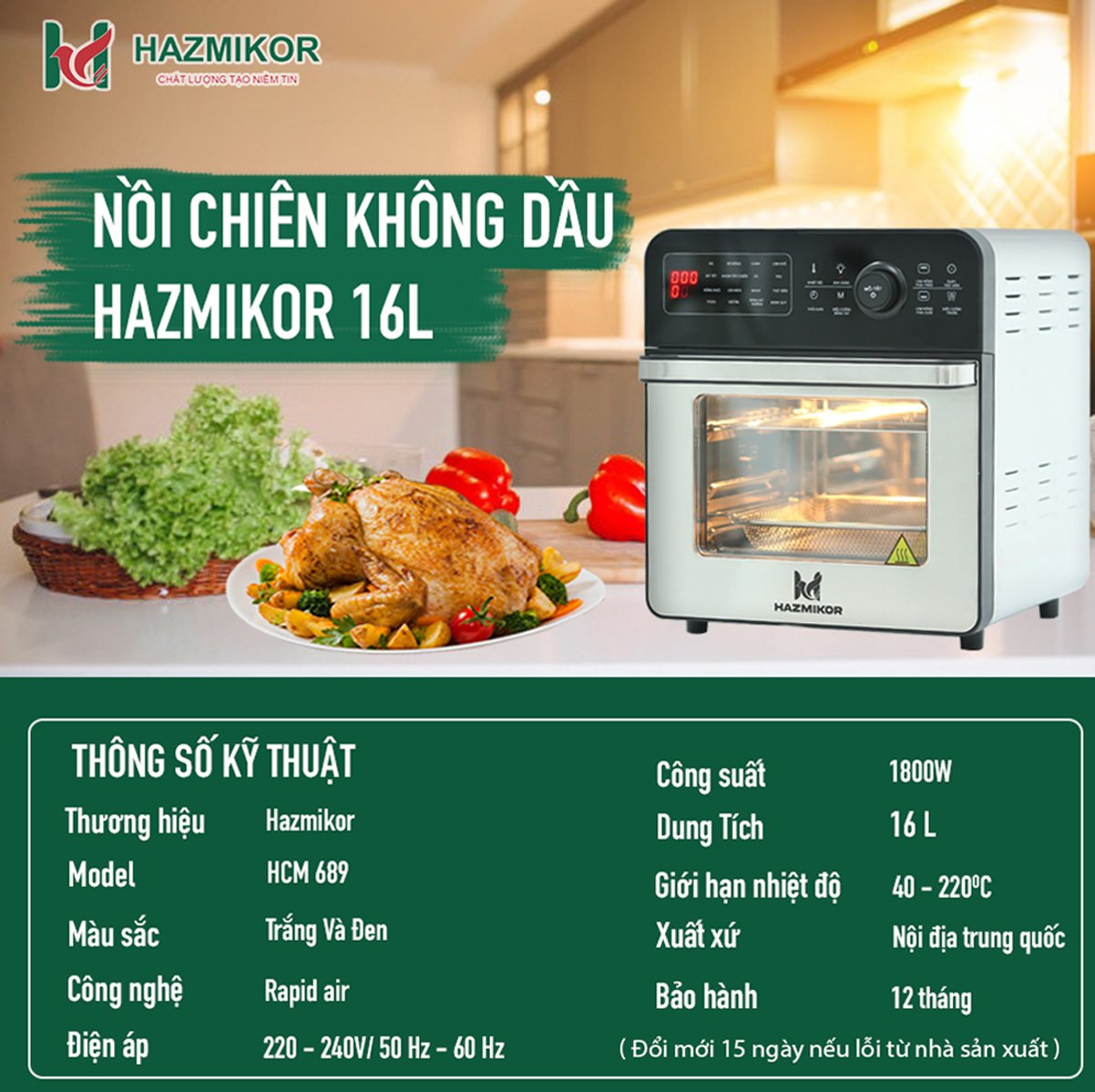 Nồi chiên không dầu lò nướng HAZMIKOR 16L công suất 1800W vỏ nồi inox công nghệ Italia