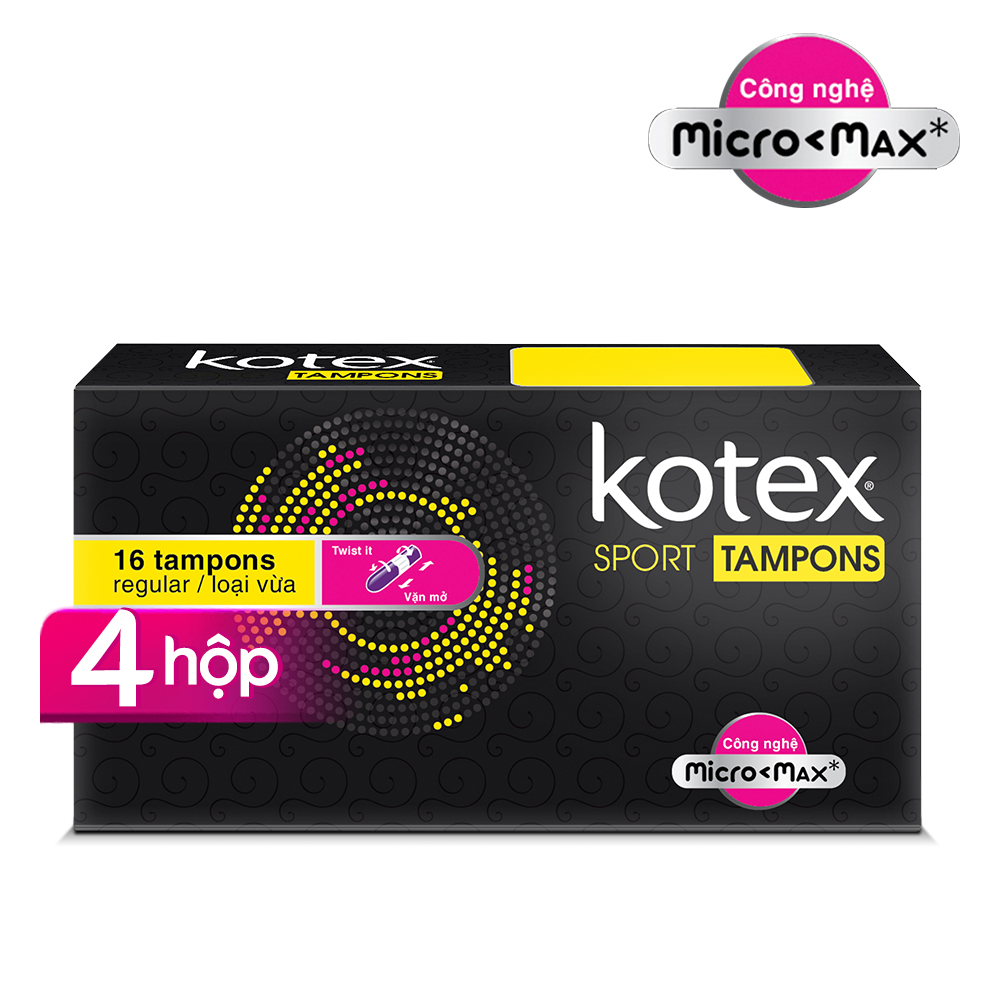 Combo 4 Tampon Kotex loại vừa công nghệ Micro Max (16 miếng/hộp)