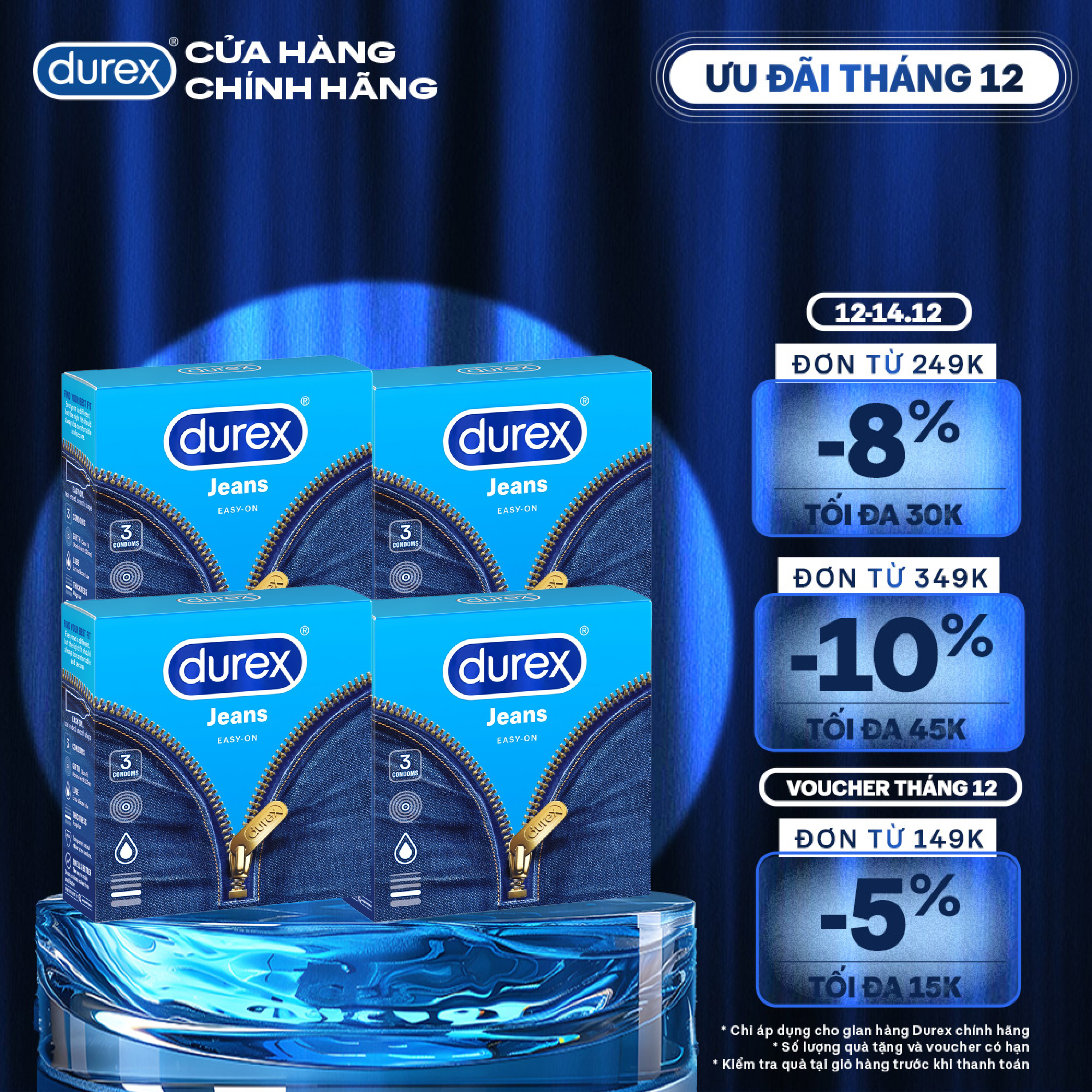 Bộ 4 hộp bao cao su Durex Jeans cơ bản (52.5mm, 3 bao/hộp)